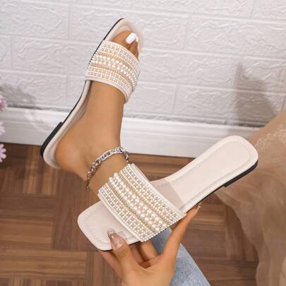 Women's Slip-On Casual Crystal Embellished Flat Comfort Sandals