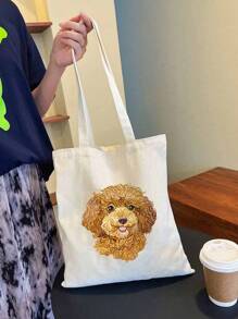 Chic Poodle Print Linen Tote Bag, Reusable Printed Women'S Tote Bag, Double Handle Shopping School Bag, Large Capacity Shoulder Bag, Casual Tote Bag, Christmas Storage Bag, Suitable For Commuting, School And Shopping, Convenient For Outdoor Use, Gift For Friends And Besties, Teacher Gift, Perfect Choice For Vacation And Festival, Best Teacher Christmas, Thanksgiving Gifts