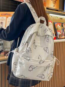 1pc White Nylon Casual Lightweight Butterfly Allover Print Large Capacity Foldable Water-Resistant Multipocket Zipper Backpack, Suitable For Teenagers, High School & College Students, Daily Commute, Travel, Graduation Gift