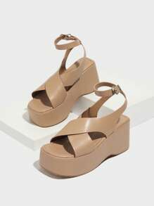 סנדלי פלטפורמה לנשים, סנדלי נעלי עקב קיץ מזדמנים נושמים לנשימה, חאקי - חאקי - ראה 5