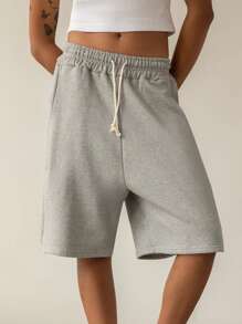 Women Casual Bermuda Shorts Solid Color Knee Length Sport Drawstring Waist Short Pants