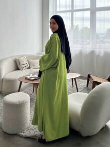 2pcs Set: 1pc Open Front Robe And 1pc Sleeveless Tie-Front Dress - Green - View 4