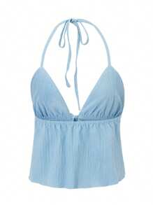 Women Halterneck Crop Tops Summer Solid Color Bandage Open Front Backless Sleeveless Tops Streetwear - Light Blue - View 6