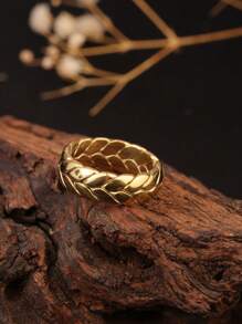 1pc 18k Gold-Color Titanium Steel Wheat Twist Ring, Non-Fading Open Band Ring, Fashionable Versatile, Suitable For Women Everyday Wear & Party Gift