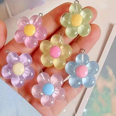 6/12 件树脂花吊坠，透明光泽 5 瓣设计，DIY 珠宝饰品，适用于项链、耳环、钥匙扣、工艺品 - 颜色随机