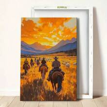 1pc Western Wall Art Framed Canvas Wall Art Poster Neutral People Riding Horses In A Field Wall Art For Living Room Bedroom Bathroom Kitchen Apartment Hotel, Artful Home Decoration - Framed, Vertical