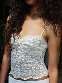 Women's Y2K Lace Floral Cami Tank Tops Spaghetti Strap Ruched Front  Slim Fit Mesh Camisole Crop Tops Sexy Backless Sleeveless Vests Shirts Teen Girls Going Out Tops Aesthetic Clothes Club Streetwear - 白色 - 查看 2