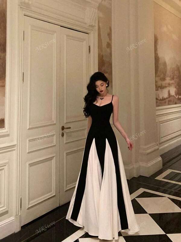 New 2025 Celebrity Inspired Black & White Sexy Elegant Spaghetti Strap Backless Bodycon A-Line Dress With Padded Bust, Suitable For Wedding, Dance Performance, Cocktail Party, Evening Gown, Formal, For Wedding Guest