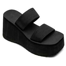 Platform Wedge Sandals With Wide Double Straps - Black - View 2