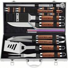 25pcs Extra Thick Stainless Steel Grill Tool Set For Men, Heavy Duty Grilling Accessories Kit For Backyard, BBQ Utensils Gift Set With Spatula,Tongs In Aluminum Case For Birthday Brown