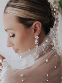 Velo nupcial de capa única de malla de nailon, accesorio de boda, diseño de red hueca con peine de cabello plano, decorado con perlas artificiales y brillantes rhinestones