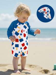 0-5 Years Toddler Boy Rash Guard Swimsuit 4th Of July Star/Plaid Print Long Sleeve Mock Neck Zip Bathing Suit With Hat - White - View 4