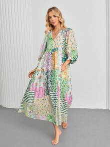 女士波西米亚灯笼袖长款连衣裙，时尚V领系带腰袋随机印花长款连衣裙，女士情人节派对服装，女士节日服装 - 綠色 - 查看 5