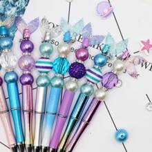8 قطع/9 قطع قلم مرصع بخرز أزرق وبنفسجي بتدرج اللون بتصميم الحورية، مجموعة تشمل خرز أكريليك ملون بالبريق وقلادات ذيل السمكة، لوازم مكتبية وتعليمية إبداعية، هدية مكافأة
