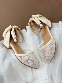 Romantic Children's High Heel Shoes, Embroidered Breathable Mesh Fabric, Cute Butterfly Decor, Suitable For Party, Romantic Vacation, Evening Dress - Beige - View 6
