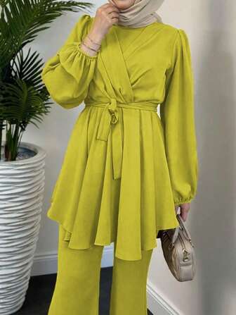 跨境新款穆斯林风格纯色圆领时尚腰部裹身阔腿裤两件套，端庄