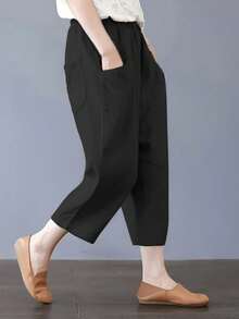 女士大口袋纯色休闲七分裤 - 黑色 - 查看 2