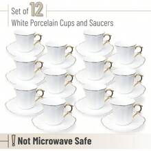 Coffee Bar Brew To A Tea White Espresso Cups With Saucers, Set Of 6 (2.4 Oz), Porcelain Turkish Coffee Cup Set With Gold Trim Design & Gift Box, Dishwasher Safe Room Decor - 白色 - 查看 2