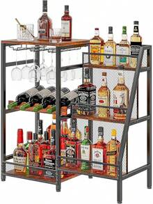 Versatile Liquor Stand For Home Bar, Wine Rack Freestanding Floor, Mini Bar Table For Liquor Whiskey Wine, 3-Tier Trapezoidal Liquor Bottle Display Shelf With Glass Holder And Fences(Patent Pending)
