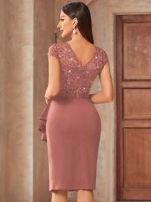 MIUSOL Women's Elegant Contrast Lace Sequin Insert Ruffle Trim Ruched Wrap Hem Bodycon Dress, Round Neck, Cap Sleeves, Perfect For Cocktail Party, Evening, Wedding Party - 藕粉色 - 查看 2