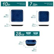 vancasso 12 Piece Stoneware Dinnerware, Blue, Ceramic Tableware Set Including Dinner Plates, Desserts Plate And Bowls, Service For  4 People, Square Plate And Bowl - Blue - View 3