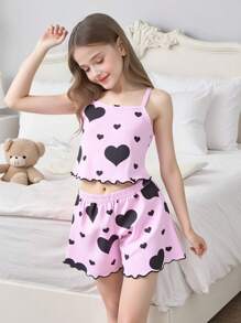 Chatreadl Girls 2pcs Set Cute Casual Ribbed Camisole And Ruffle Shorts With Heart Print Pattern Summer Outfit - Pink - View 1
