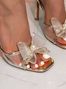 Women's Gold Mesh Bow High Heel Sandals, Fashionable And Versatile Ankle-Strap High Heel Sandals For Women - Gold - View 5