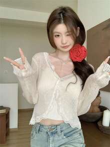 Women's Blue Lace Trim V-Neck Cover Up, Cute Back To School Summer Shawl Lightweight Outerwear