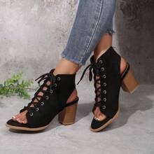 Women's Fashion Peep Toe Lace-Up Thick Heel Black Sandals, Versatile & Heightening