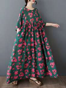 AZAH 2026新款波西米亚风沙滩连衣裙，夏季复古碎花宽松中长连衣裙，大码女士休闲优雅绿色碎花连衣裙，睡衣内衬，随机印花 - 綠色 - 查看 7