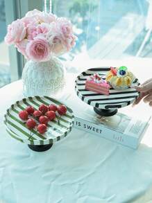 1pc Black & White Striped Ceramic Tray, Elegant Minimalist Vertical Striped Pedestal Dish, Storage Platter, Nut Dish, Cake Stand, Serving Platter, Suitable For Home, Party, Tea Gathering, Leisure, Commercial Decor, Gift