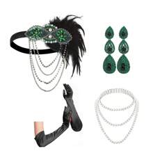 1 Set 4pcs 1920s Flapper Headband, Necklace, Gloves, Feather Accessories For Women Prom