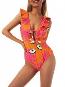 Female One-Piece Swimsuit Eyes Leaves Print V-Neck Sleeveless Ruffle Swimwear For Women, S/M/L/XL - Orange - View 5