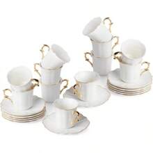 Coffee Bar Brew To A Tea White Espresso Cups With Saucers, Set Of 6 (2.4 Oz), Porcelain Turkish Coffee Cup Set With Gold Trim Design & Gift Box, Dishwasher Safe Room Decor - 白色 - 查看 1