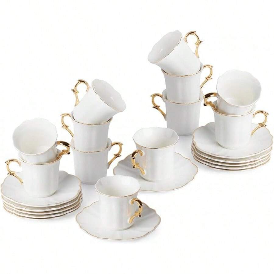Coffee Bar Brew To A Tea White Espresso Cups With Saucers, Set Of 6 (2.4 Oz), Porcelain Turkish Coffee Cup Set With Gold Trim Design & Gift Box, Dishwasher Safe Room Decor - 白色 - 查看 1