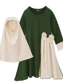 2pcs/Set Girls Spring/Autumn Long Sleeve Bowknot Dress + Headscarf, Cute Elegant Dress For Little Girls, Red And Green, Fashionable Outfit For Photos, Stretchy And Beautiful, Suitable For Middle East