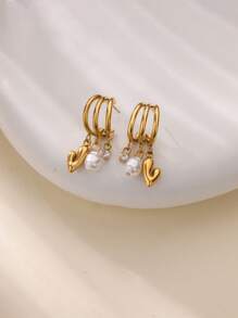 1Pair Dainty Three Layer Heart & Pearl & Zirconia Hoop Earrings For Women, Light Luxury Three-Layer Hanging Stud Earrings, Faux Pearl Cubic Zirconia Stainless Steel Stud Earrings, Ladies Jewelry Fashion Accessories, Valentine's Day Gifts, Anniversary Gifts