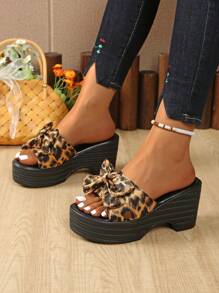 Women's Plus Size Wedge Thick Sole Open Toe Leopard Print Bow Embellished Slide Sandals