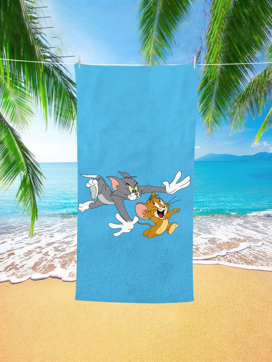 TOM AND JERRY. 1 件卡通汤姆和杰瑞沙滩巾，柔软舒适家居日常使用浴室游泳毛巾，适合儿童和成人