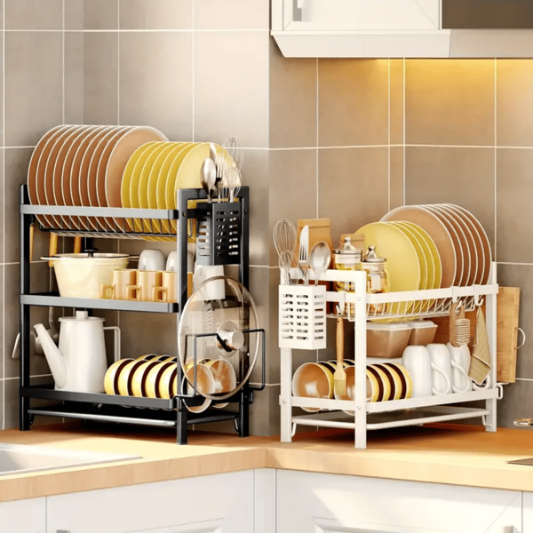 Black Upgraded Version Two-Tier Iron Dish Drainer Rack, With Chopsticks Holder And Draining Tray, Ideal For Kitchen Countertop Storage, Presenting Your Tableware Elegantly, And Enhancing Your Cooking Pleasure!