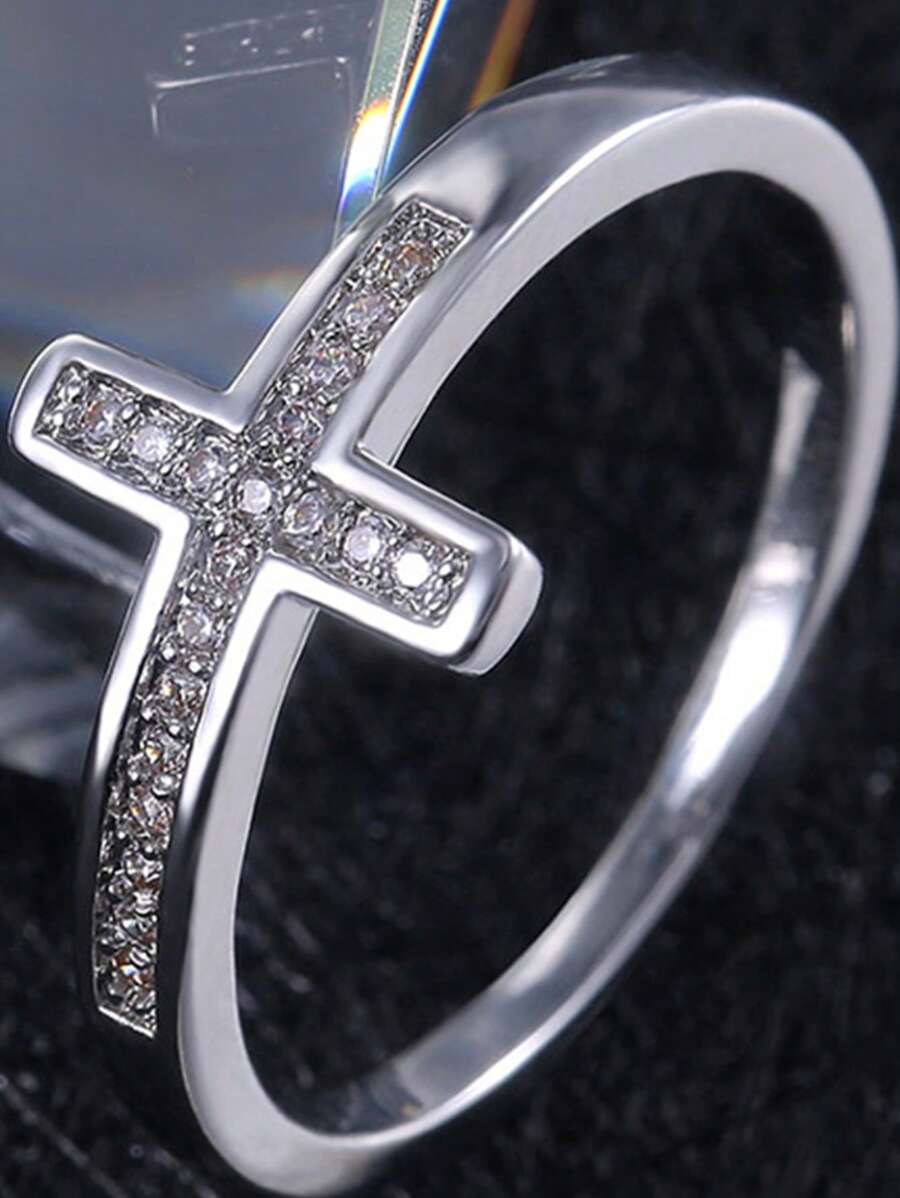 Fashion Simple Cross Ring For Women Daily Casual Party Band Ring Jewelry Gift(Without Box) - Silver - View 1