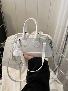 Fashionable Solid Color PU Drawstring Mini Handbag, Metallic Color Crossbody Shell Bag For Women - White - View 10