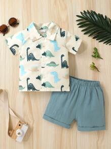 2pcs Casual Cute Baby Boy Clothes Set, Soft Comfortable Cartoon Dinosaur Print Shirt And Solid Color Sports Shorts Outfit, Baby Boy Clothing, Suitable For Daily, Vacation, Party, Outdoor