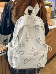 1pc White Nylon Casual Lightweight Butterfly Allover Print Large Capacity Foldable Water-Resistant Multipocket Zipper Backpack, Suitable For Teenagers, High School & College Students, Daily Commute, Travel, Graduation Gift