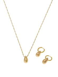 1pc Vintage Metallic Minimalist Teardrop Pendant Necklace & 1 Pair Of Creative Round Teardrop Hoop Earrings Set For Women, Daily Wear And Commute - Yellow Gold - View 2