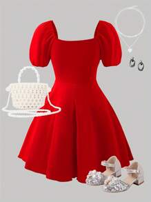 Girls' Ruffled Puff Sleeve Princess Birthday Party Dress - Red - View 2