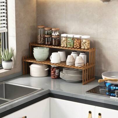 Estantería de almacenamiento sencilla para el hogar de cocina, natural y marrón, adecuada para almacenar condimentos, platos, tazones y estantes de almacenamiento