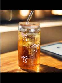 1个16盎司透明咖啡杯，粉色蝴蝶结图案，竹制杯盖和吸管，便携式饮料果汁杯，适合户外旅行、夏季和冬季，生日、节日和圣诞节礼物水瓶 - 無色 - 查看 6