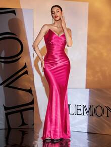 露肩露背长款晚礼服，紫红色，正式，派对礼服，适合婚礼宾客 - 玫紅色 - 查看 3