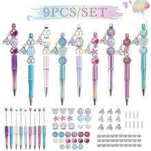 8 قطع/9 قطع قلم مرصع بخرز أزرق وبنفسجي بتدرج اللون بتصميم الحورية، مجموعة تشمل خرز أكريليك ملون بالبريق وقلادات ذيل السمكة، لوازم مكتبية وتعليمية إبداعية، هدية مكافأة